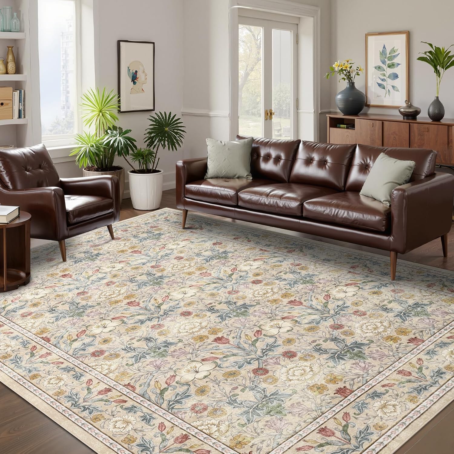GarveeHome Large Area Rugs 9x12 for Living Room, Beige Floral Washable Rug Soft Non Slip Floor Mat Carpet Indoor Thin Accent Rug for Bedroom Dining Room Playroom Nursery Home Decor