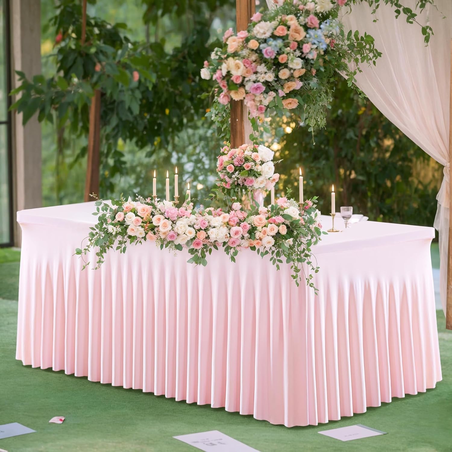 6 Pack Pink Table Cloth for 8 Foot Rectangle Tables Spandex Fitted Tablecloth 8ft Stretch Table Covers Skirt Pink Banquet Tablecloths Wrinkle Free Tablecloth for Party Wedding Birthday Event