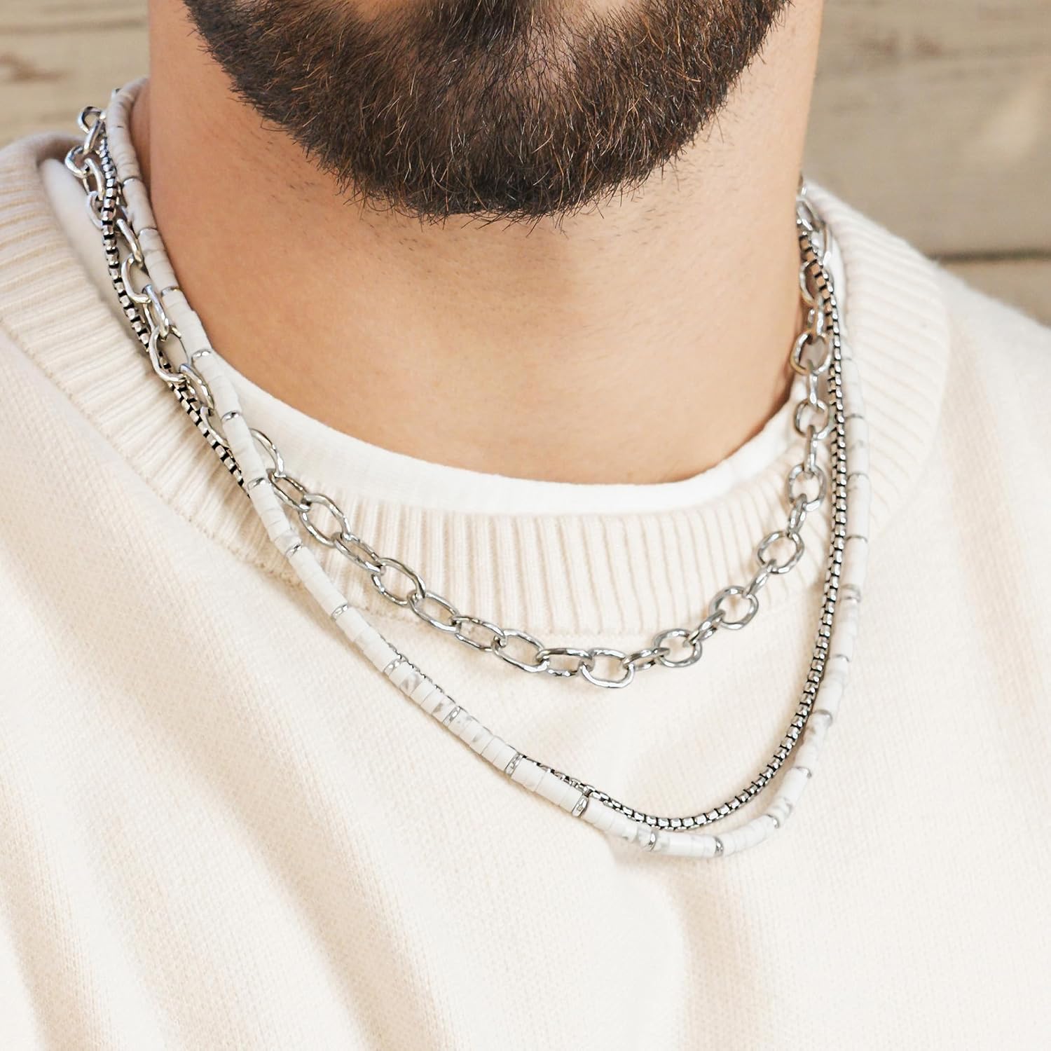 JEAN RACHEL JEWELRY Men's 3-Piece Necklace Layering Set - Hammered Link Chain, Box Chain & White Buffalo Turquoise Beads - Monochrome Bundle