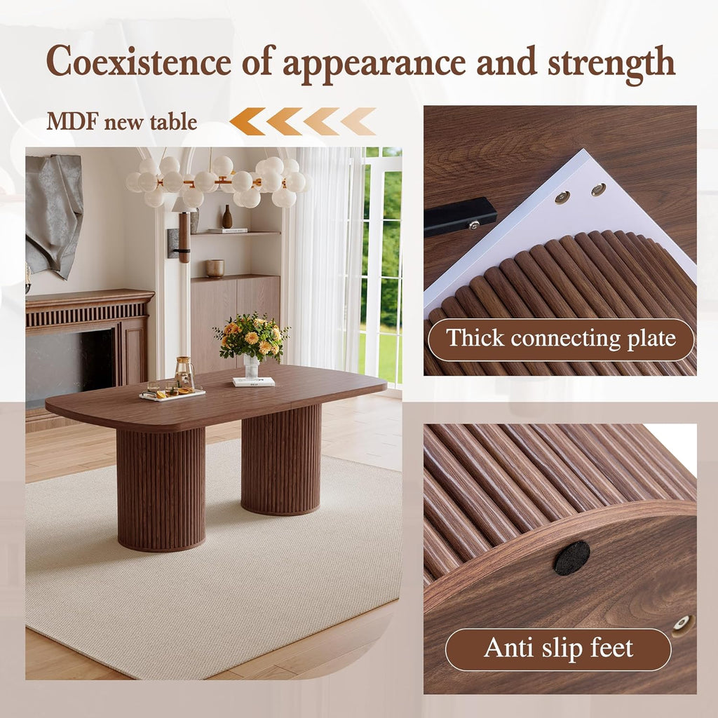 78.7' Extra Long Dining Table for 6-10 People, Farmhouse Kitchen Table with Cylindrical Fluted Bases, Rectangular Dining Table for Dining Room, Kitchen, Living Room, Walnut