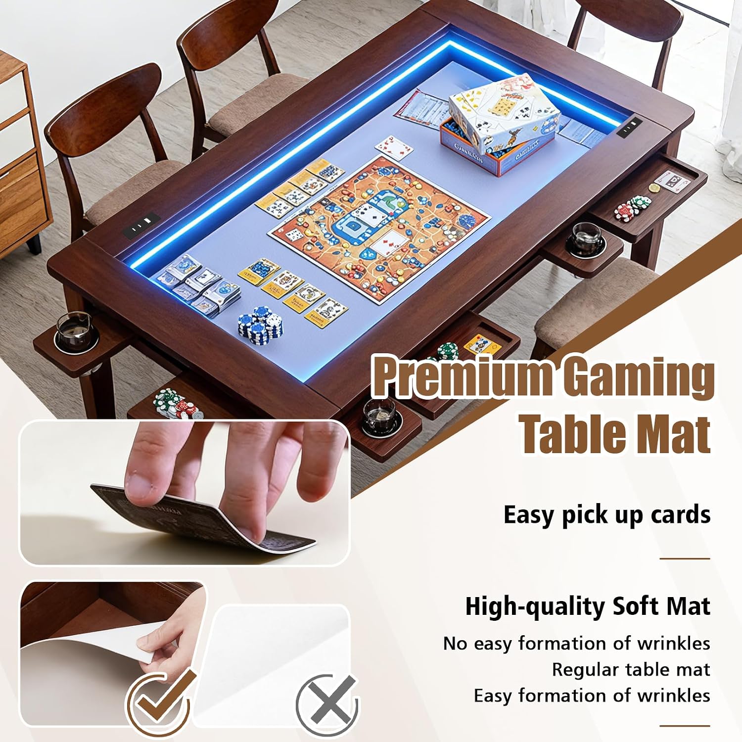 Haddockway Solid Wood Board Game Table with Colorful Led Lights, Dining/Gaming Table for 4-6 Players with Charge Station,Removable Top, Play Mat, 6 Cup Holders & Trays (Warm Walnut)