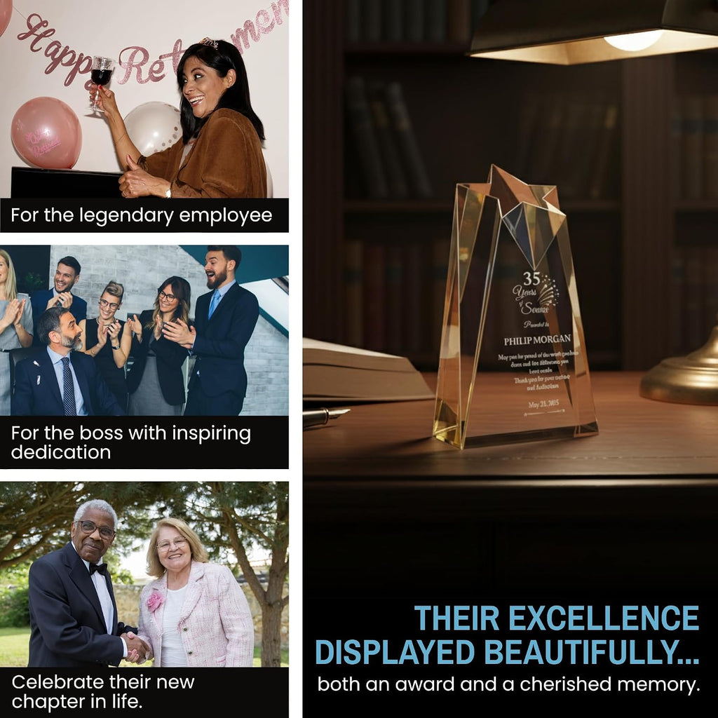 Personalized Acrylic Retirement Gifts For Men and Women, Laser Engraved Custom Trophy for Service Recognition, Years Of Service Retirement Trophy Award for Boss, Employee, Teacher (Gold Sculpted)