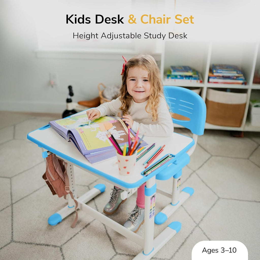 Mount-It! Kids Desk and Chair Set, Height Adjustable Sturdy, Kid Study Workstation and Chair Set for Boys, Home School, Arts, Drawing, Crafts, Ergonomic Childrens Storage Drawer Blue