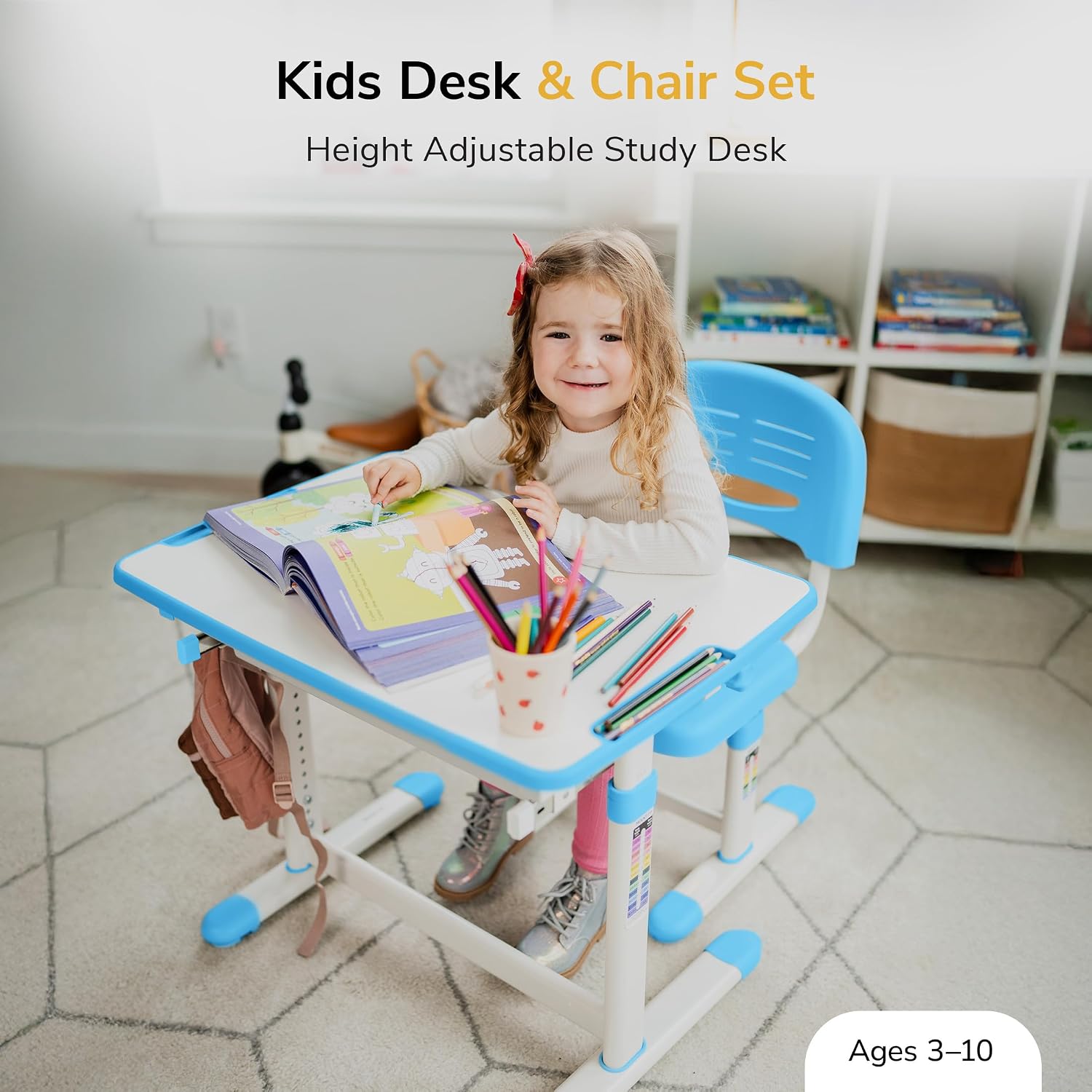 Mount-It! Kids Desk and Chair Set, Height Adjustable Sturdy, Kid Study Workstation and Chair Set for Boys, Home School, Arts, Drawing, Crafts, Ergonomic Childrens Storage Drawer Blue