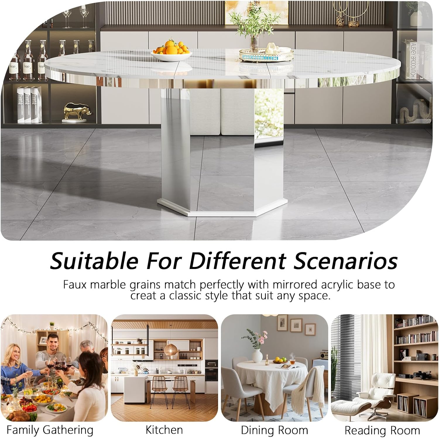 47'-63' Round White Faux Marble Extendable Dining Table for 4-6, Modern Luxury Round Dining Room Table, Kitchen Dinner Tables with Marble Veining Tabletop and Mirror Acrylic Base for Kitchen