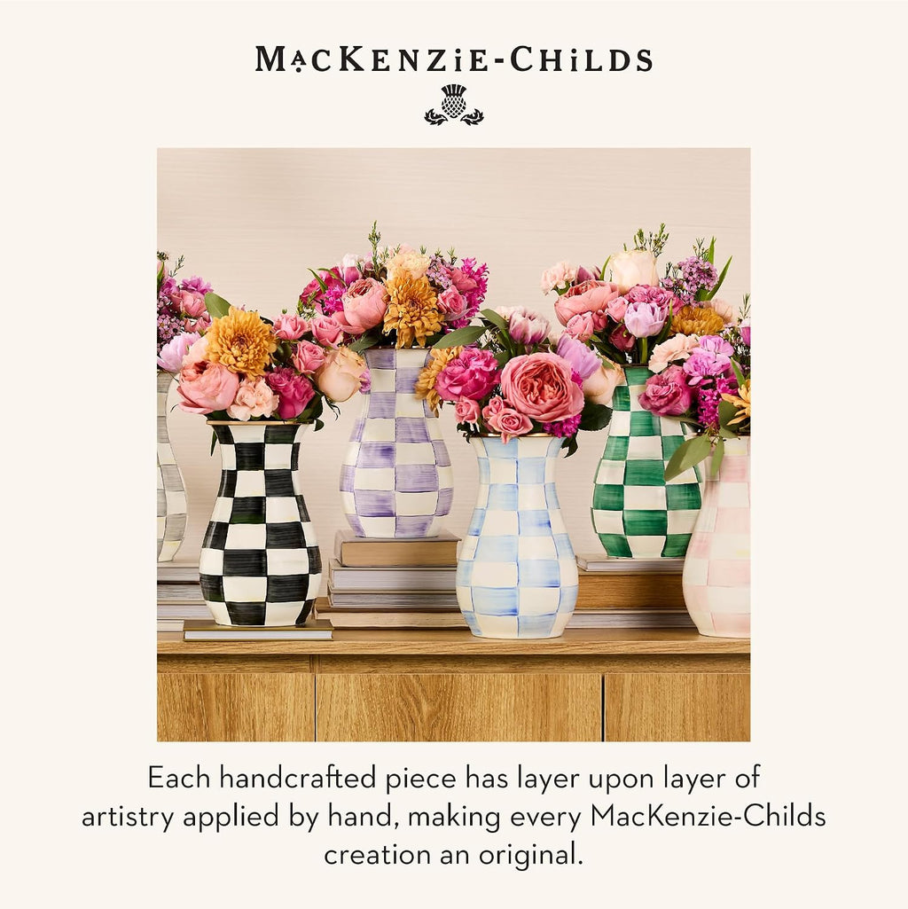 MACKENZIE-CHILDS Enamel Vase, Unique Flower-Vase Decor for Living Room, Tall, Light-Blue-and-White Sky Check