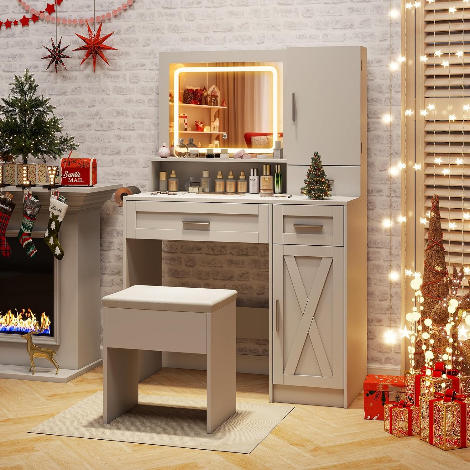 LOKO Farmhouse Vanity Set with Mirror & Lights, Dressing Table and Chair Set with 3 Lighting Modes & Adjustable Brightness, Charging Station & Hair Dryer Holder, Jewelry Cabinet, for Bedroom