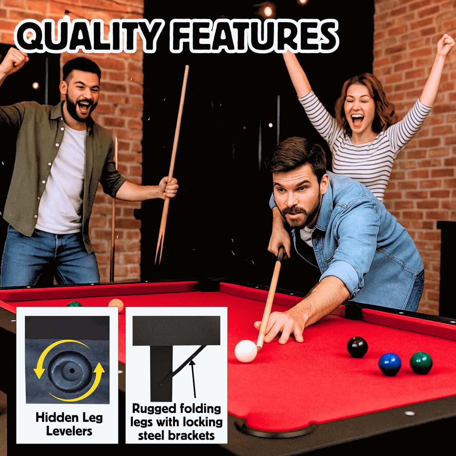 Freetime Fun 6 FT Pool Table, No Assembly, Portable, Includes Billiard Tables Accessories- 2 Pool Cues, Set of Balls, Triangle, Pool Table Brush, Chalk