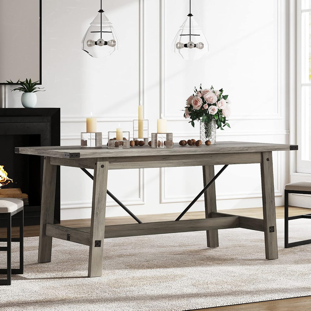 WAMPAT 4-6 Person Farmhouse Dining Table with Heavy Duty Wooden Legs, 67.7 Inch Rectangular Modern Wood Kitchen Table for Dining Room & Living Room, Rustic Grey