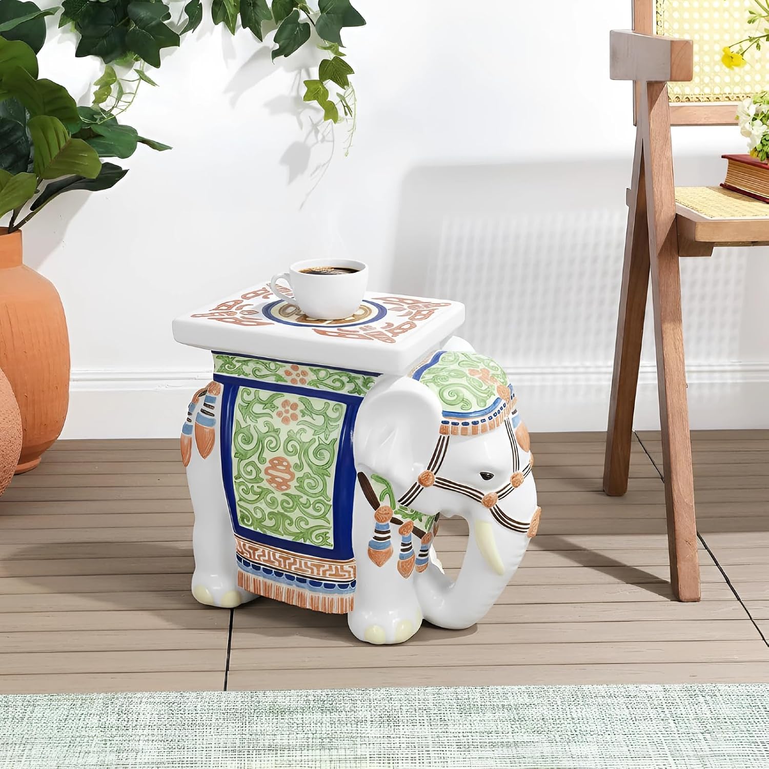 Leinuosen Elephant Garden Stool 16.5 Inch - Resin Elephant Side Table & Plant Stand, Indoor Outdoor Decorative Accent Table for Patio Balcony Living Room, Bohemian Home Decor Gift(Primary Color)