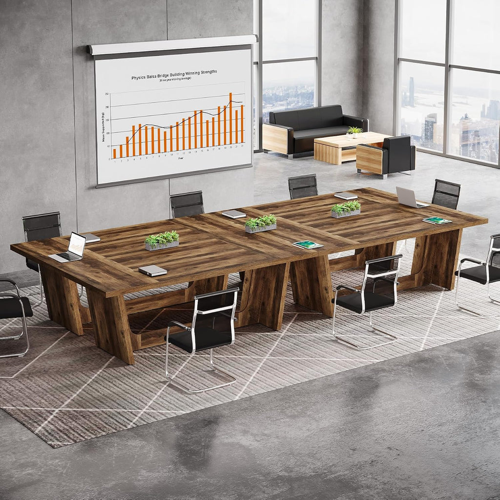 Tribesigns 12FT Conference Table, Modern Meeting Seminar Table for 12-14 Person, Rectangular Solid Executive Business Furniture Boardroom Desk for Office,(Set of 2, Dark Brown)