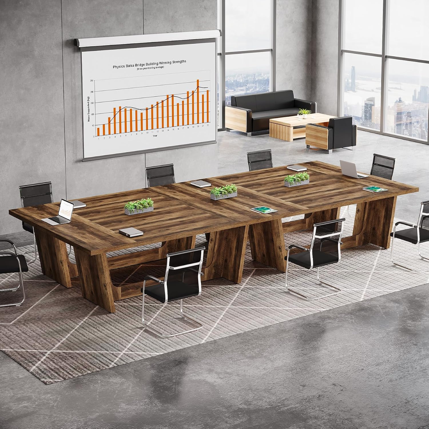 Tribesigns 12FT Conference Table, Modern Meeting Seminar Table for 12-14 Person, Rectangular Solid Executive Business Furniture Boardroom Desk for Office,(Set of 2, Dark Brown)