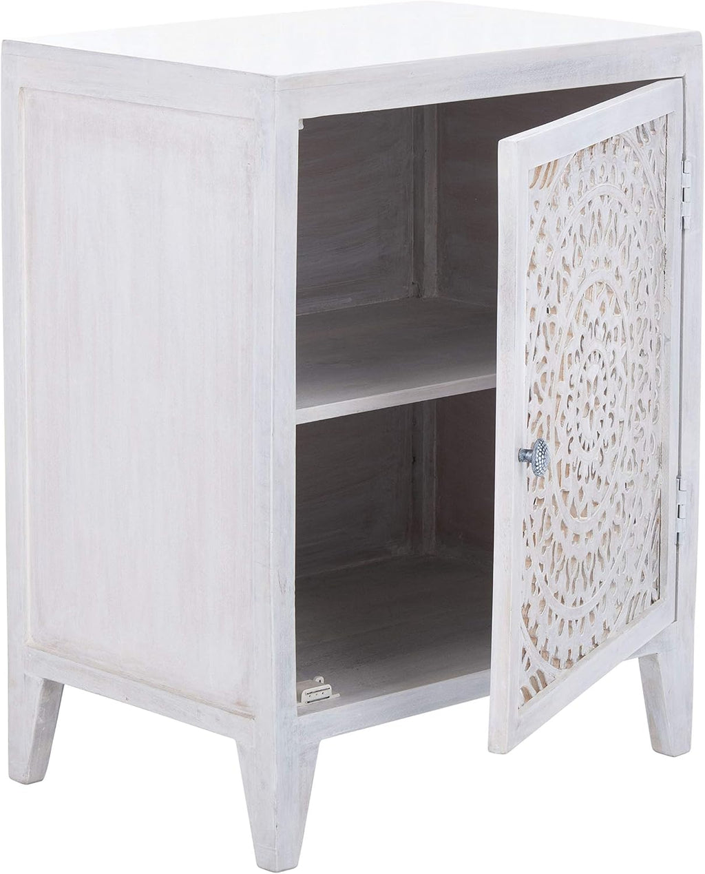 SAFAVIEH Furniture - Thea 1-Door Carved Nightstand - White Washed - Mango Wood - Artisan Global Design - Ideal for Bedroom, 20'W x 14'D x 26'H - Fully Assembled (NST5300C)