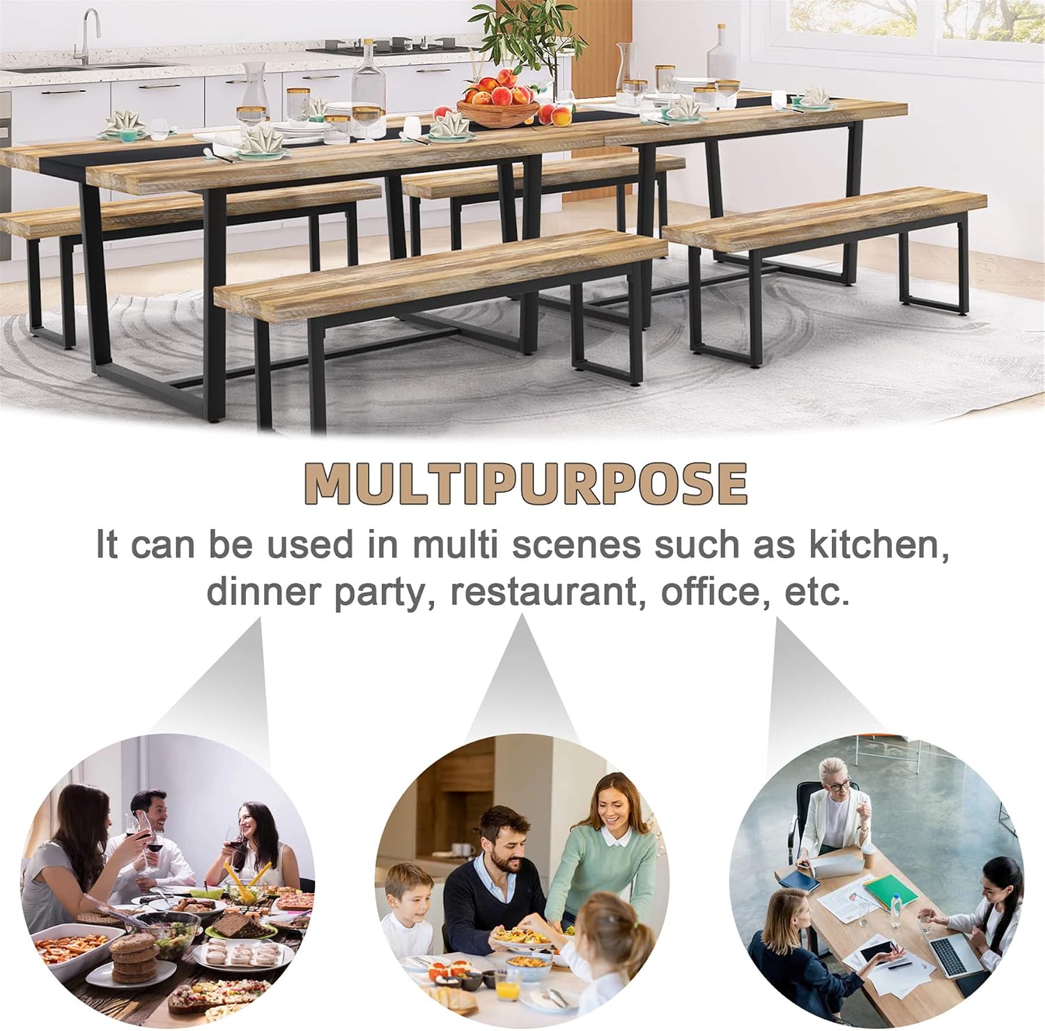 STHOUYN 71' 6ft Large Dinner Table for 6 8 Seat Dining Room Table, Rectangular Farmhouse Modern Kitchen Long Black & Brown Industrial Conference (Brown)