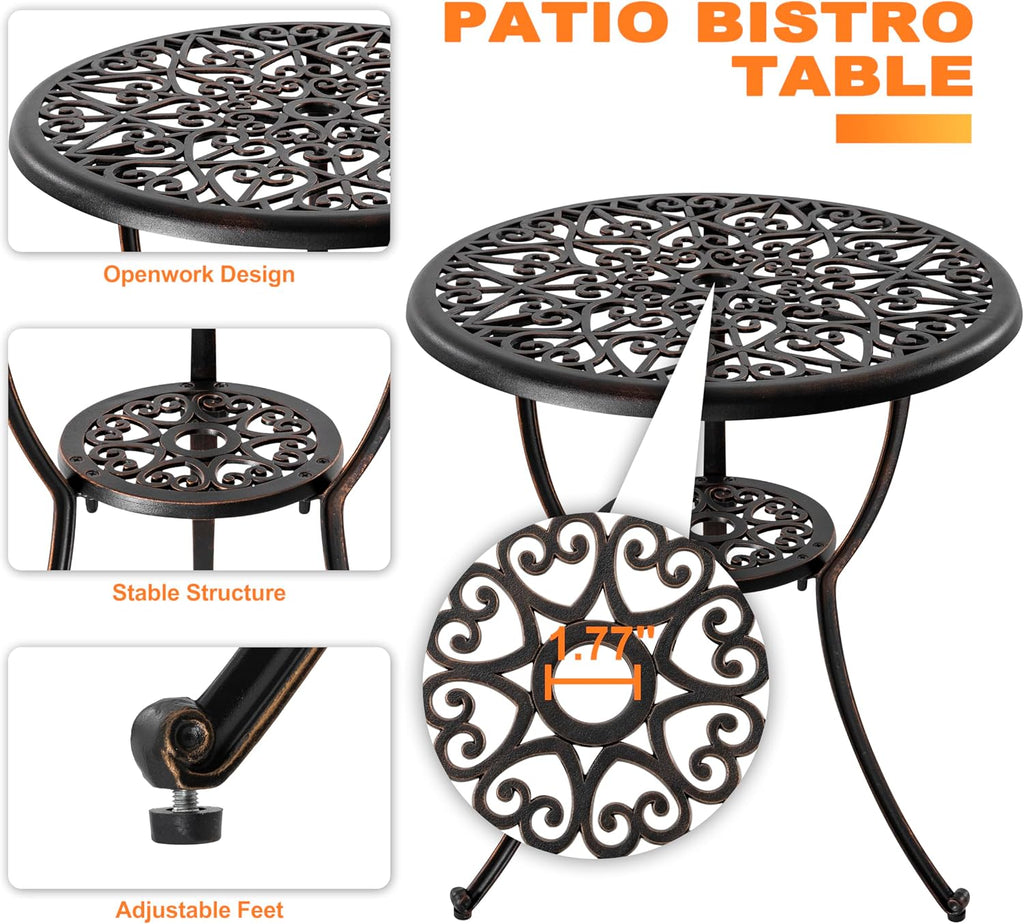 NUU GARDEN Bistro Set 3 Piece Outdoor Cast Aluminum Patio Table and Chairs Set of 2 with Umbrella Hole and Grey Cushions for Backyard, Balcony, Lawn, Black