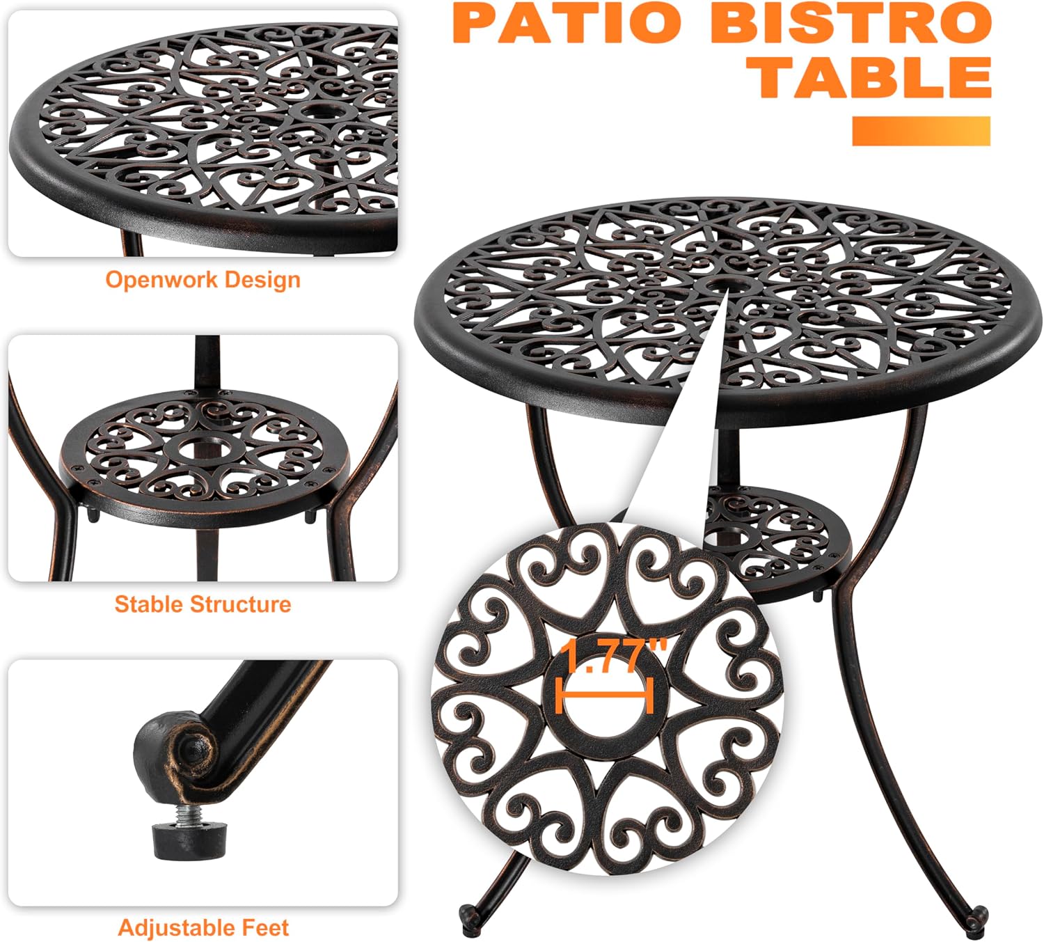 NUU GARDEN Bistro Set 3 Piece Outdoor Cast Aluminum Patio Table and Chairs Set of 2 with Umbrella Hole and Grey Cushions for Backyard, Balcony, Lawn, Black