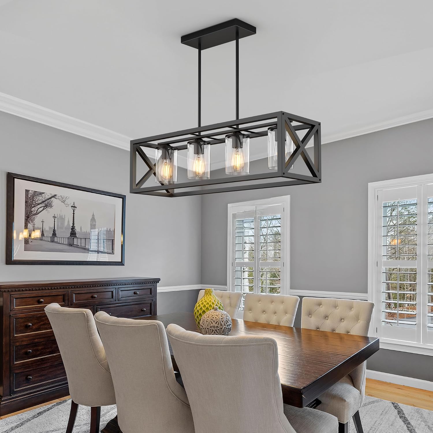 Farmhouse Dining Room Light Fixture - 4 Light Kitchen Island Lighting with Adjustable Height & Thickened Metal Dining Room Light Fixture Over Table，Chandeliers for Dining Room&Kitchen Island
