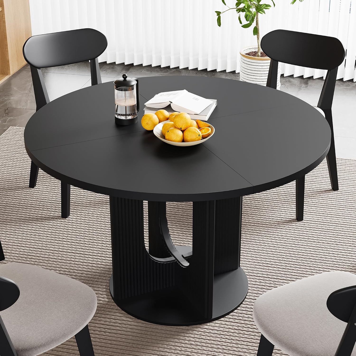 weselon Farmhouse Round Fluted Dining Table for 4, 47 Inch Circle Kitchen Table with Wooden Pedestal Base, Dinner Tables for Home Living Room Kitchen (Black)