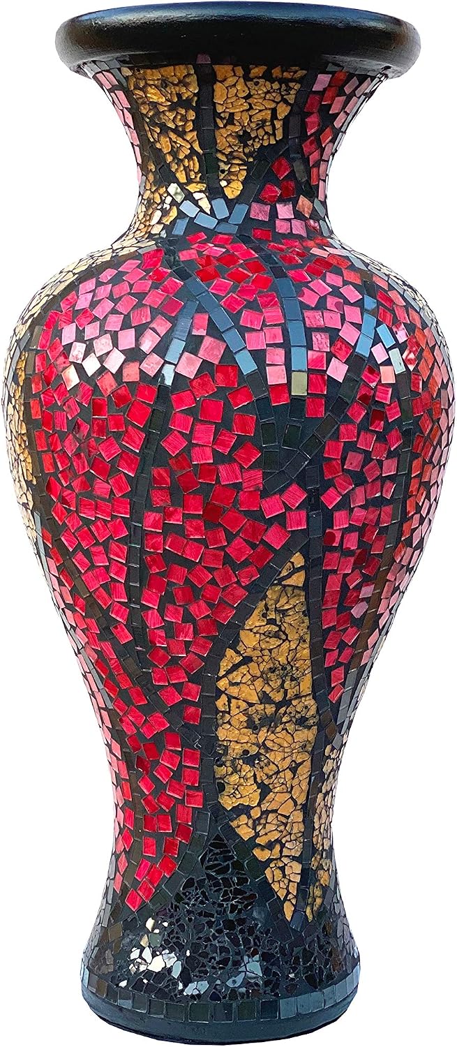 Floor Vase, 24 Inch Mosaic Vase – Tall Cylinder Made of Terracotta with Red, Gold and Black Glass Mosaic Pieces – Handcrafted Decorative Home Décor Accent Piece for Bedroom, Living Room, Office