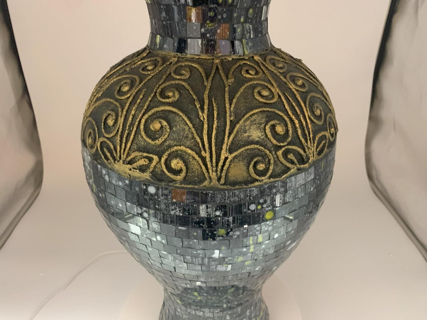 Floor Vase, 24 Inch Mosaic Vase – Tall Cylinder Made of Terracotta with Black, Green, and Gold Glass Mosaic Pieces – Handcrafted Decorative Home Décor Accent Piece for Bedroom, Living Room
