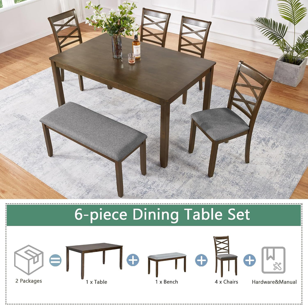 KEIKI 6-Piece Standard Height Dining Table Set with Rectangular Table, 4 Upholstered Cross Backrset Chair, Bench, for 6 Person, Modern Style Table Set, Easy Assembly, for Kitchen, Dining Room, Walnut