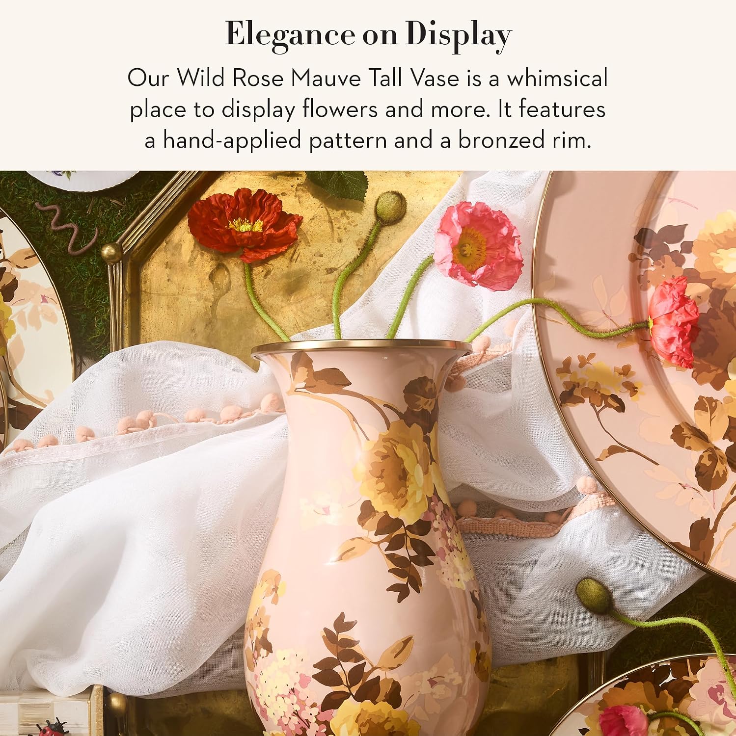 MACKENZIE-CHILDS Tall Enamel Vase, Unique Flower-Vase Decor for Living Room, Wild Rose Mauve