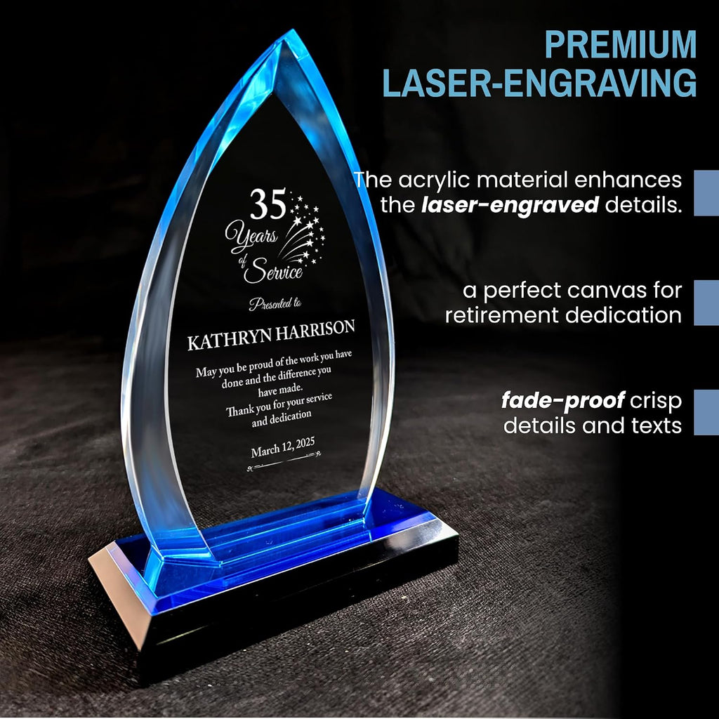 Personalized Acrylic Retirement Gifts For Men and Women, Laser Engraved Custom Trophy for Service Recognition, Years Of Service Retirement Trophy Award for Boss, Employee, Teacher (Blue Oval)