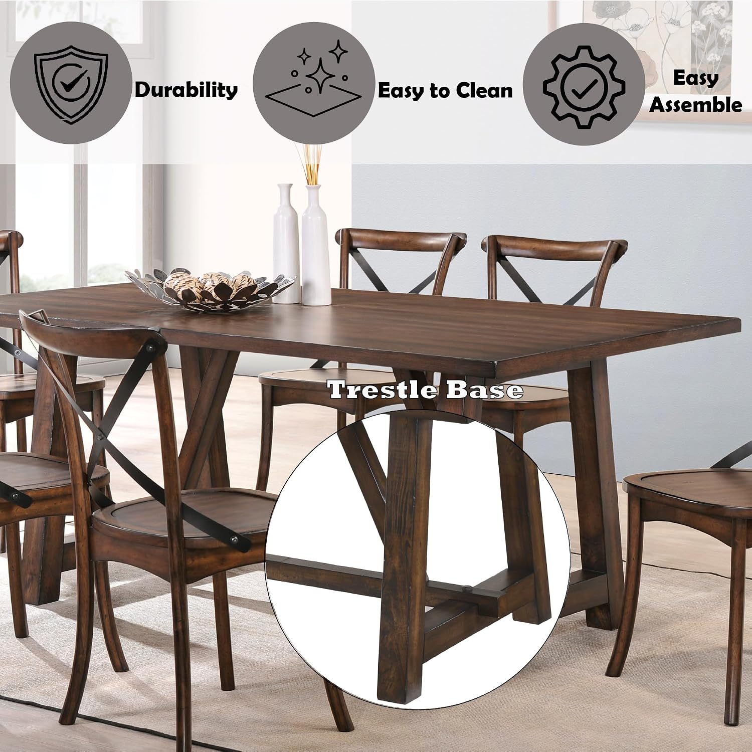 72'' Wood Rectangular Dining Table Kitchen Dinner Table, Retro Modern Mid-Century Style, Dark Oak