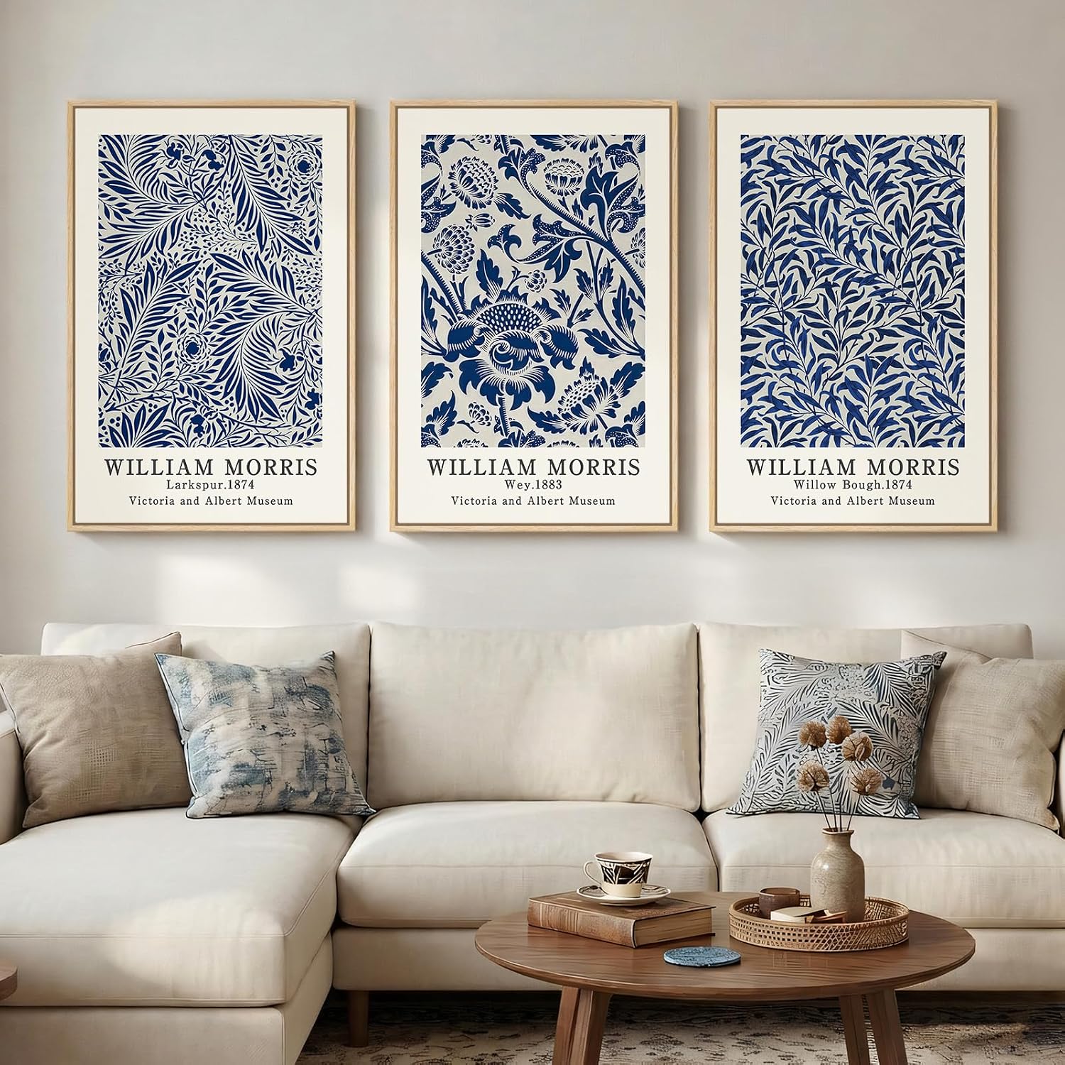 Large Framed Blue William Morris Wall Art Set of 3, Vintage Botanical Floral Canvas Wall Decor Painting, Retro Farmhouse Artwork Prints for Living Room, Bedroom, Hallway, Office, 24x36 Inch