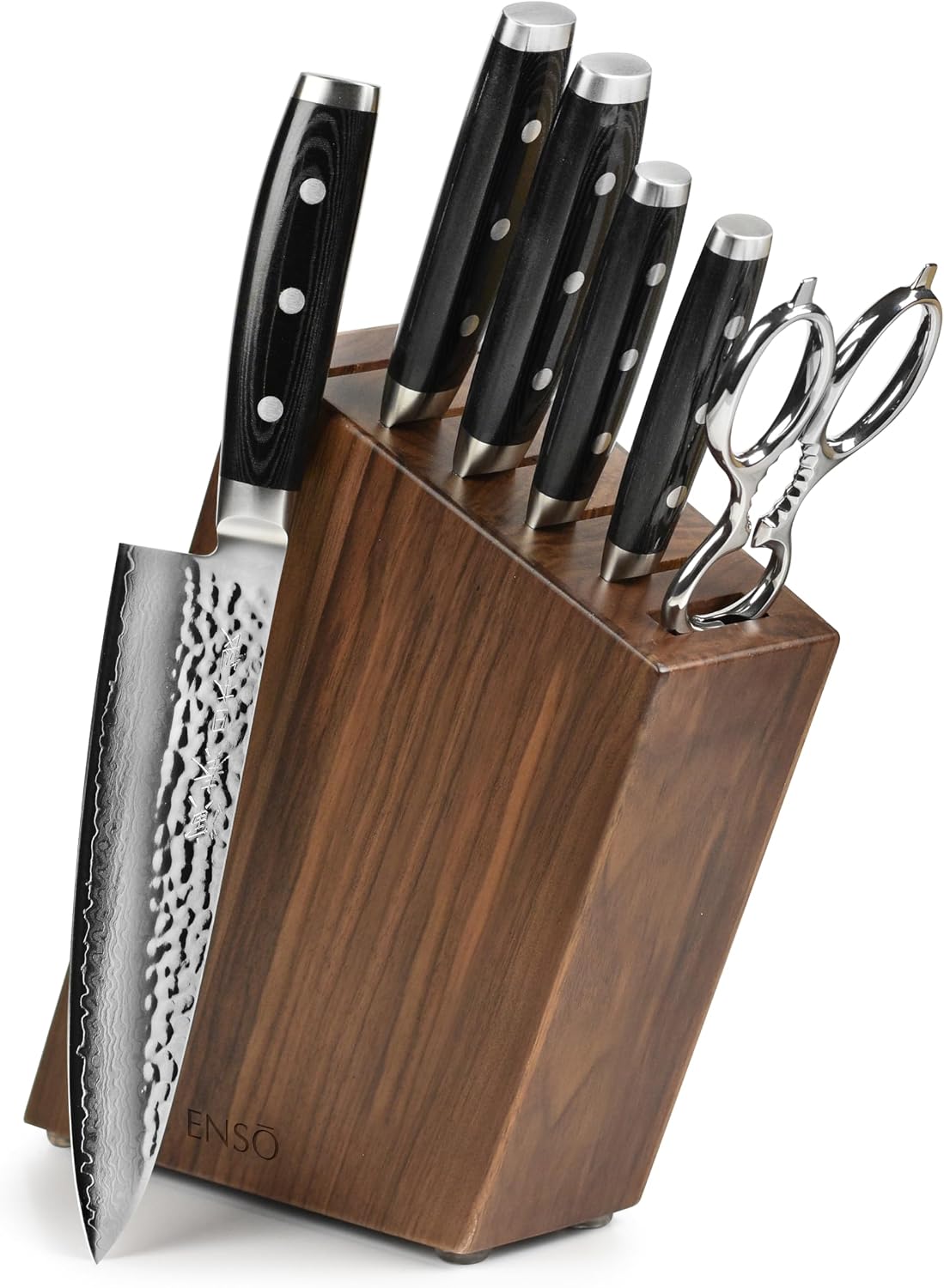 Enso Knife Set - Made in Japan - HD Series - VG10 Hammered Damascus Japanese Stainless Steel with Walnut Knife Block - 7 Piece