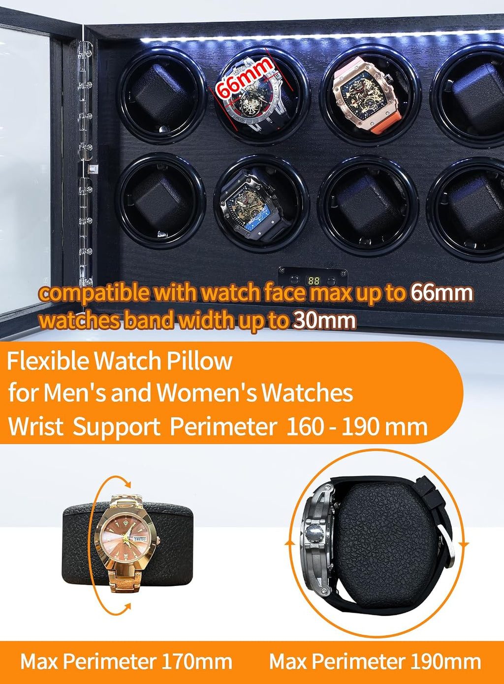 Watch Winder for 2/4/6/8 Automatic Watches, Watch Rotator for Rolex 15 Rotation Modes Display Box White Light, Watches Winder Case with USB-C Adapter, Present for Men Quiet Mabuchi Motor(≤5db)
