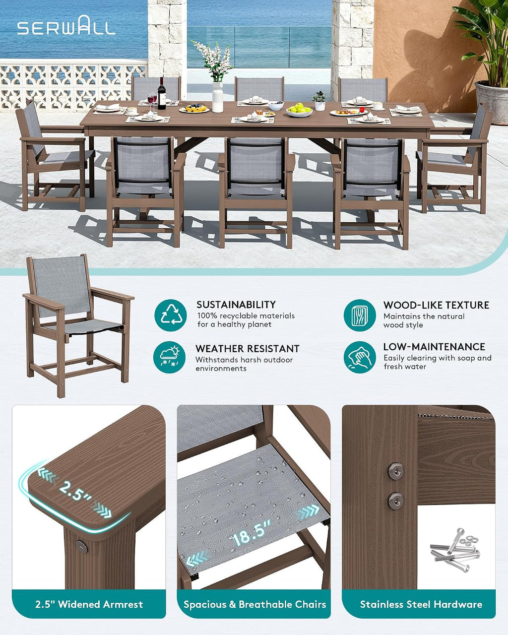 SERWALL Outdoor Dining Chairs Set of 2, All-Weather HDPE Textilene Sling Dining Chair for Backyard, Garden, Brown