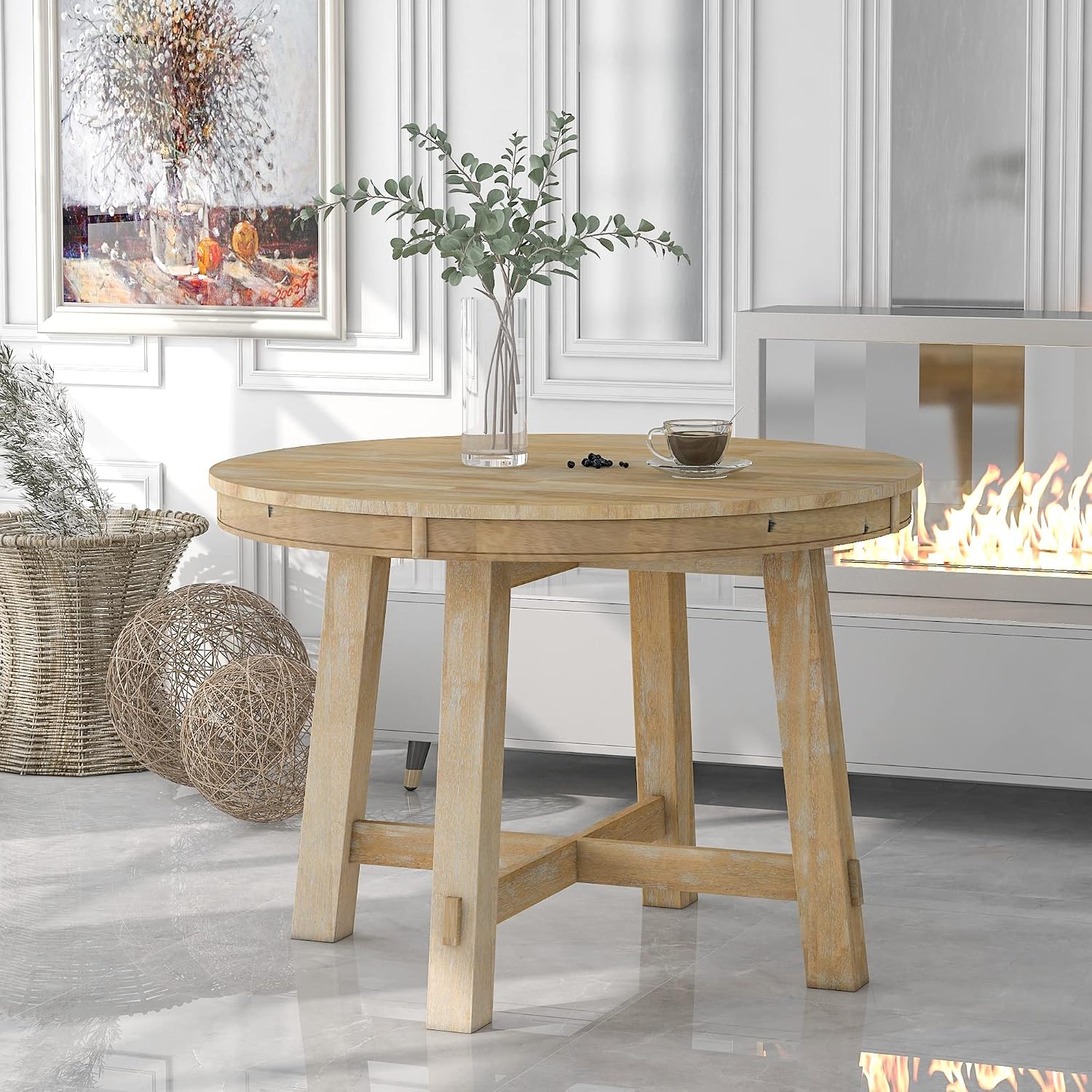 LUMISOL 42'-58' Extendable Round Dining Table for 4-8, Farmhouse Kitchen Table with Removable Leaf, Solid Wood Oval Dinner Tables for Kitchen, Dining Room, Living Room, Natural