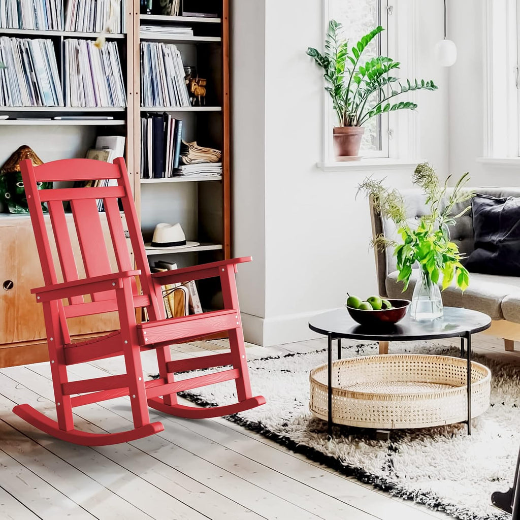LUE BONA Rocking Chair Outdoor, Weather Resistant Poly Plastic Rocker Chairs, 350lb Heavy Duty, Oversized Porch Rocker for Adult, High Back Smooth Rocking Chairs for Outdoor & Indoor, Bright Red