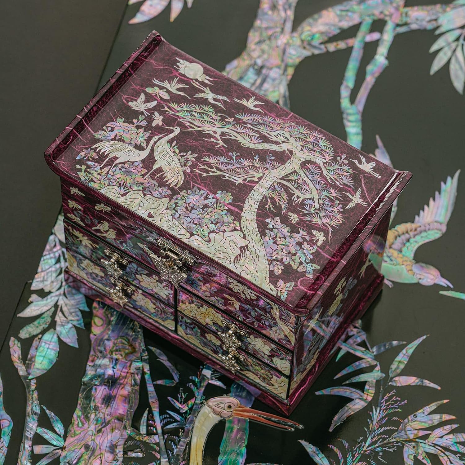 February Mountain Mother of Pearl Jewelry Box – Elegant Korean Jewelry Organizer with Velvet Lining, Unique Christmas Gift for Women, Mom, and Grandma, Decorative Keepsake Box for Rings and Treasures