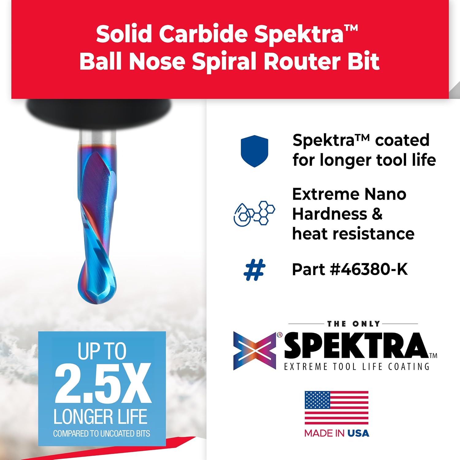 Amana Tool Solid Carbide Up-Cut Ball Nose Spiral Router Bit for Wood, Plastic, MDF, Foam, 46380-K, 1/2 Dia x 1-1/4 Inch x 1/2 Shank Spektra Extreme Tool Life Coated