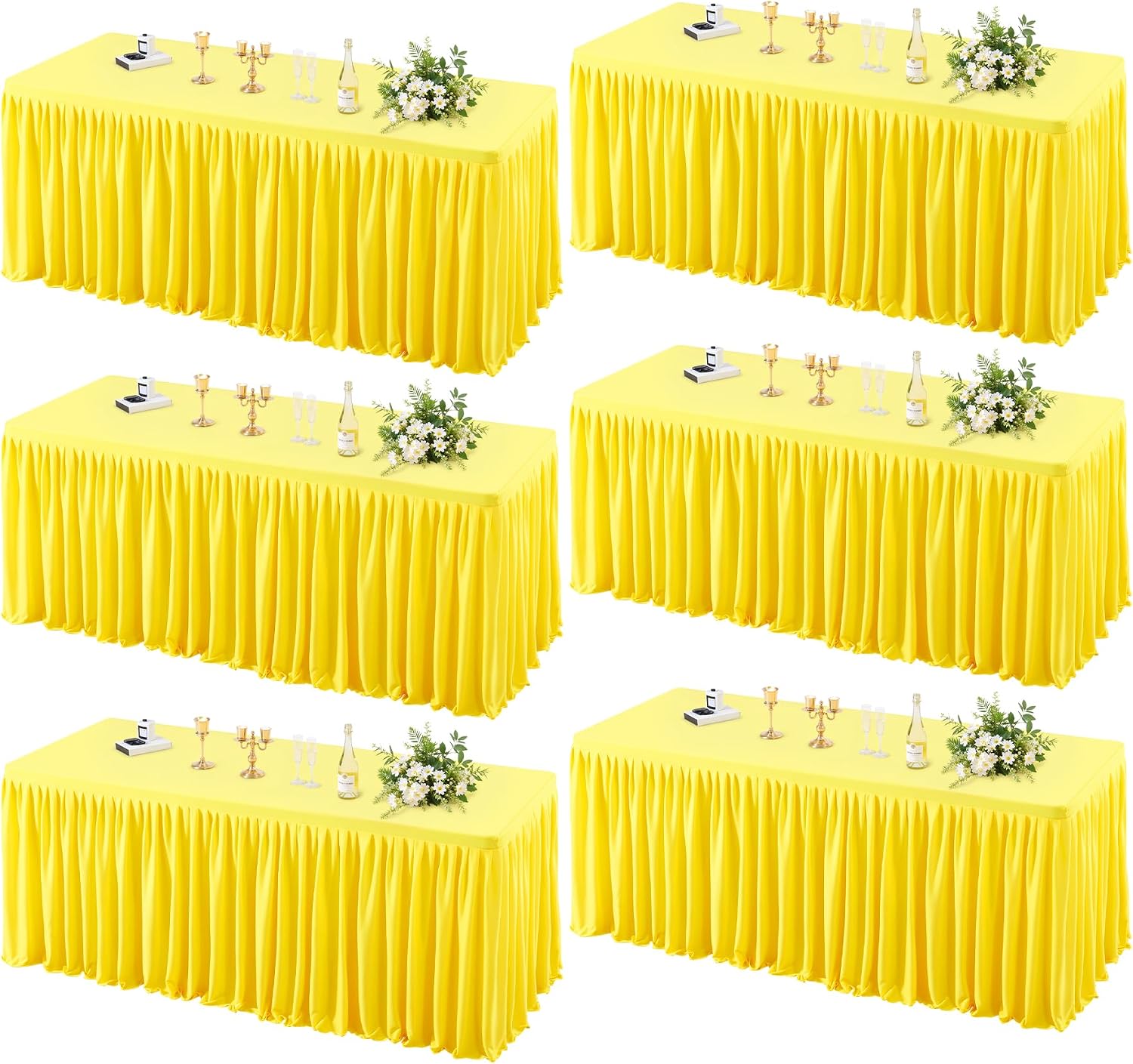 6 Pack Yellow Tablecloths for Rectangle Tables 8ft, Wrinkle Resistant Spandex Table Cover Fitted Stretch Table Cloth with Pleated Ruffle Skirts for Party Banquet Dining Birthday Wedding