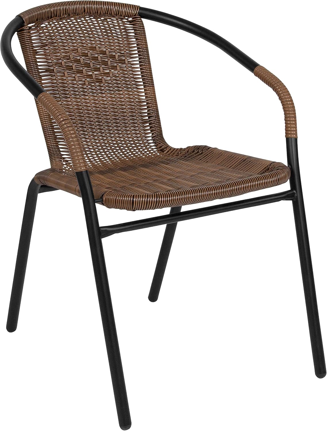 Flash Furniture Lila 28'' Round Glass Metal Table with Dark Brown Rattan Edging and 4 Dark Brown Rattan Stack Chairs