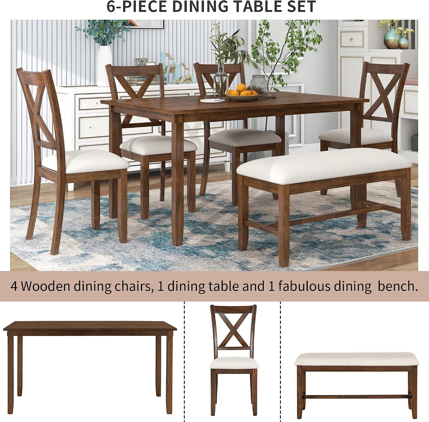 Harper & Bright Designs 6 Pieces Dining Table Set, Wooden Rectangle Table and 4 Chairs with Bench with Cushion, Kitchen Table Chairs Set for 6 Persons, Dining Room Set - Natural Cherry