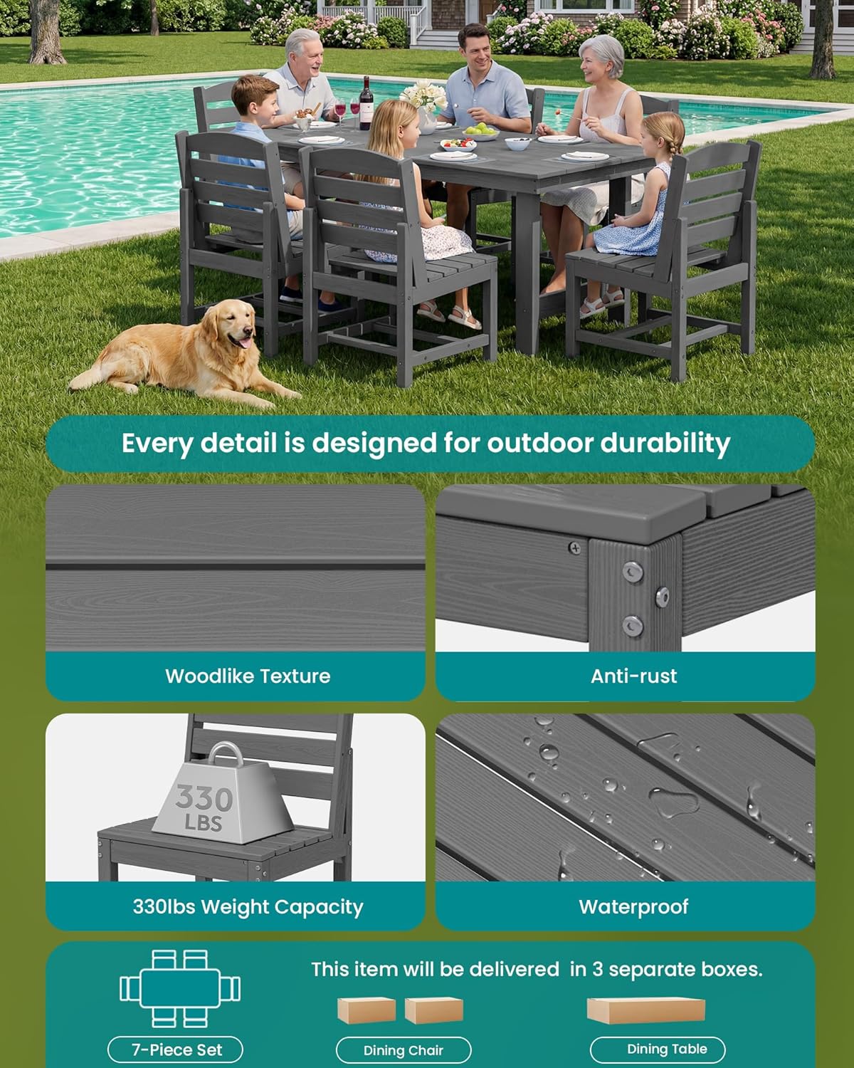 SERWALL Patio Dining Sets for 6 Person, HDPE Dining Set with 6 Armless Chairs, Gray