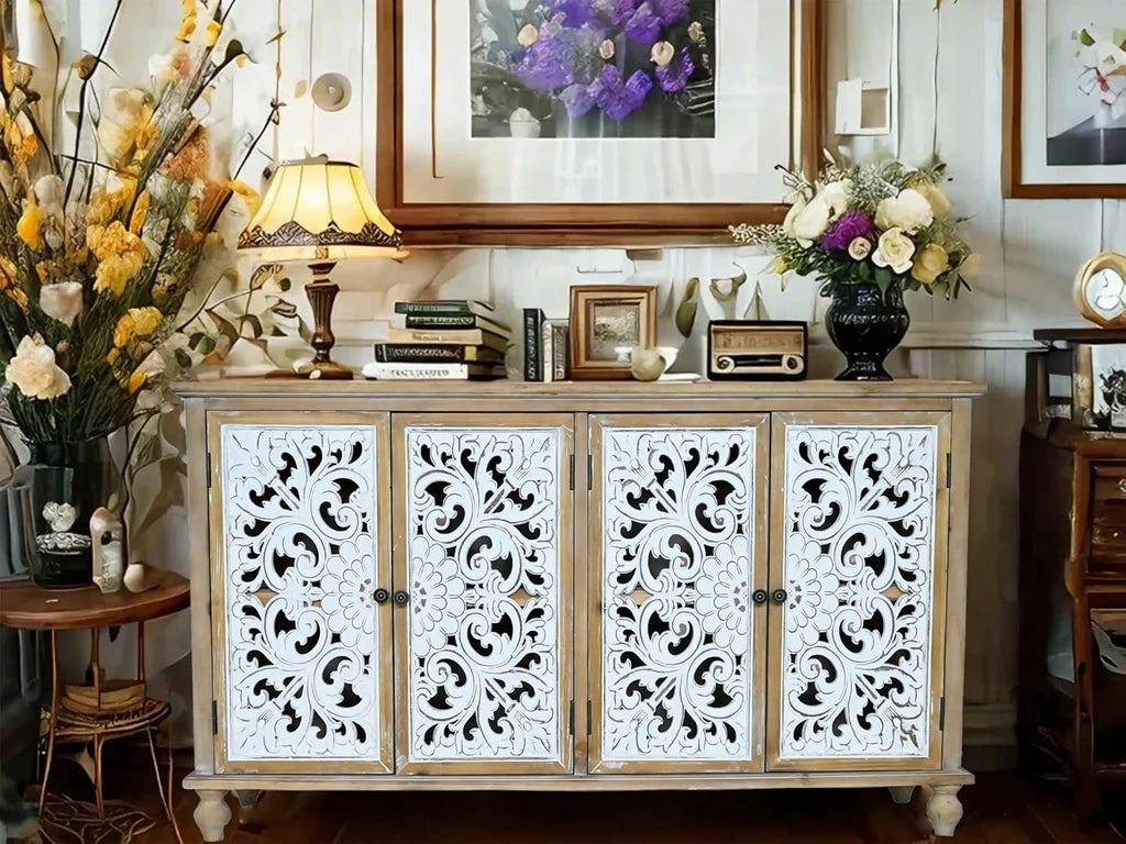 LKTART 60' Vintage Sideboard Buffet Cabinet,French Country Sideboard,Farmhouse Hollow Carved Credenza Accent Cabinet for Living Room, Dining Room, Natural Wood