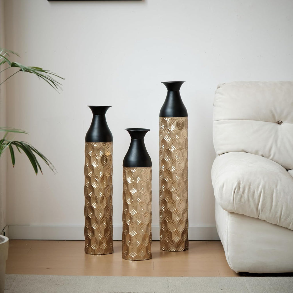 Tall Floor Vases Set of 3, Black and Gold Floral Pattern Metal Standing Vases for Living Room Decor, Decorative Floor Vase for Flowers, Modern Home Decor