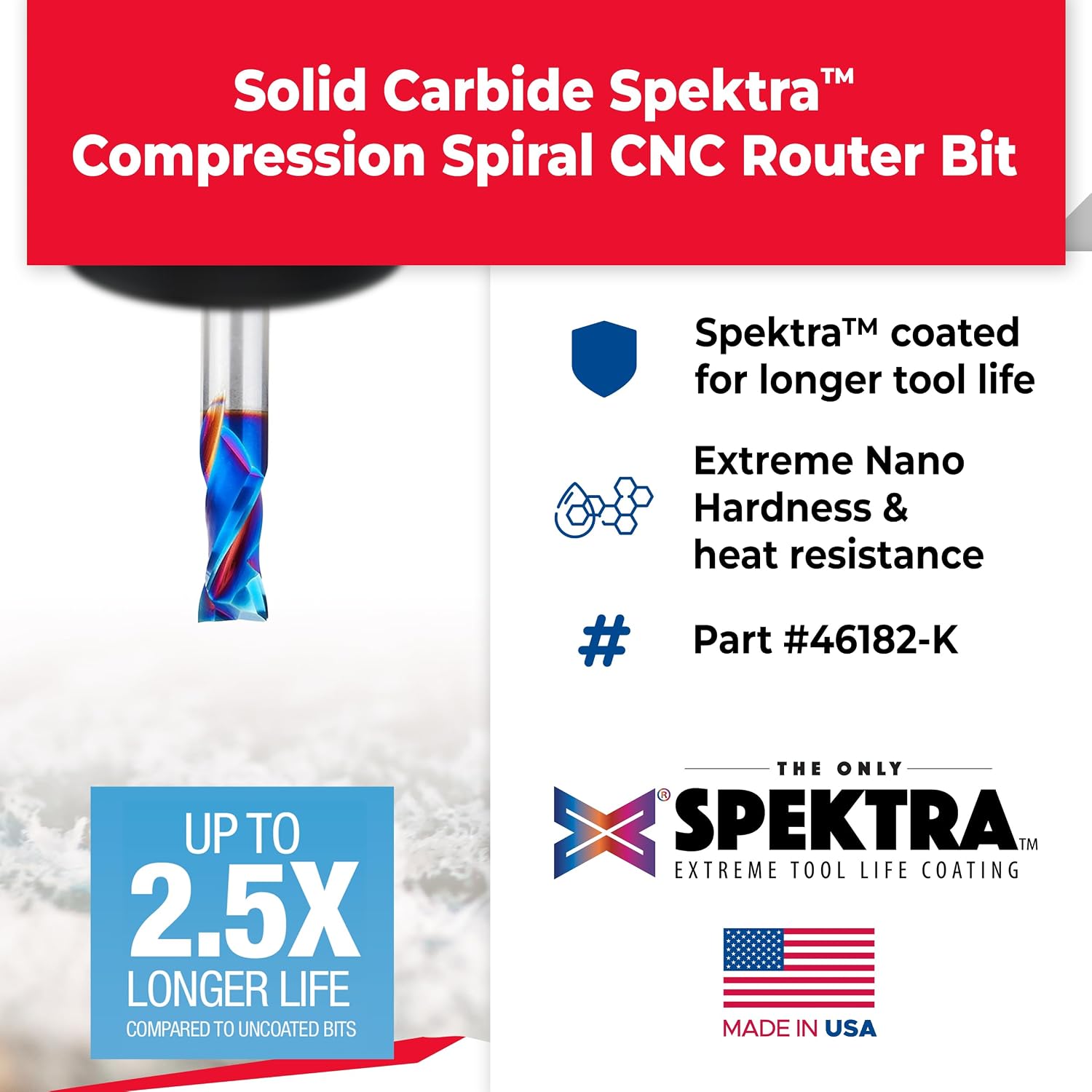 Amana Tool Spektra Extreme Tool Life Coated Solid Carbide CNC Compression Spiral Router Bit, 46182-K, 1/2 D x 1 CH x 1/2 Shank x 3 Inch Long