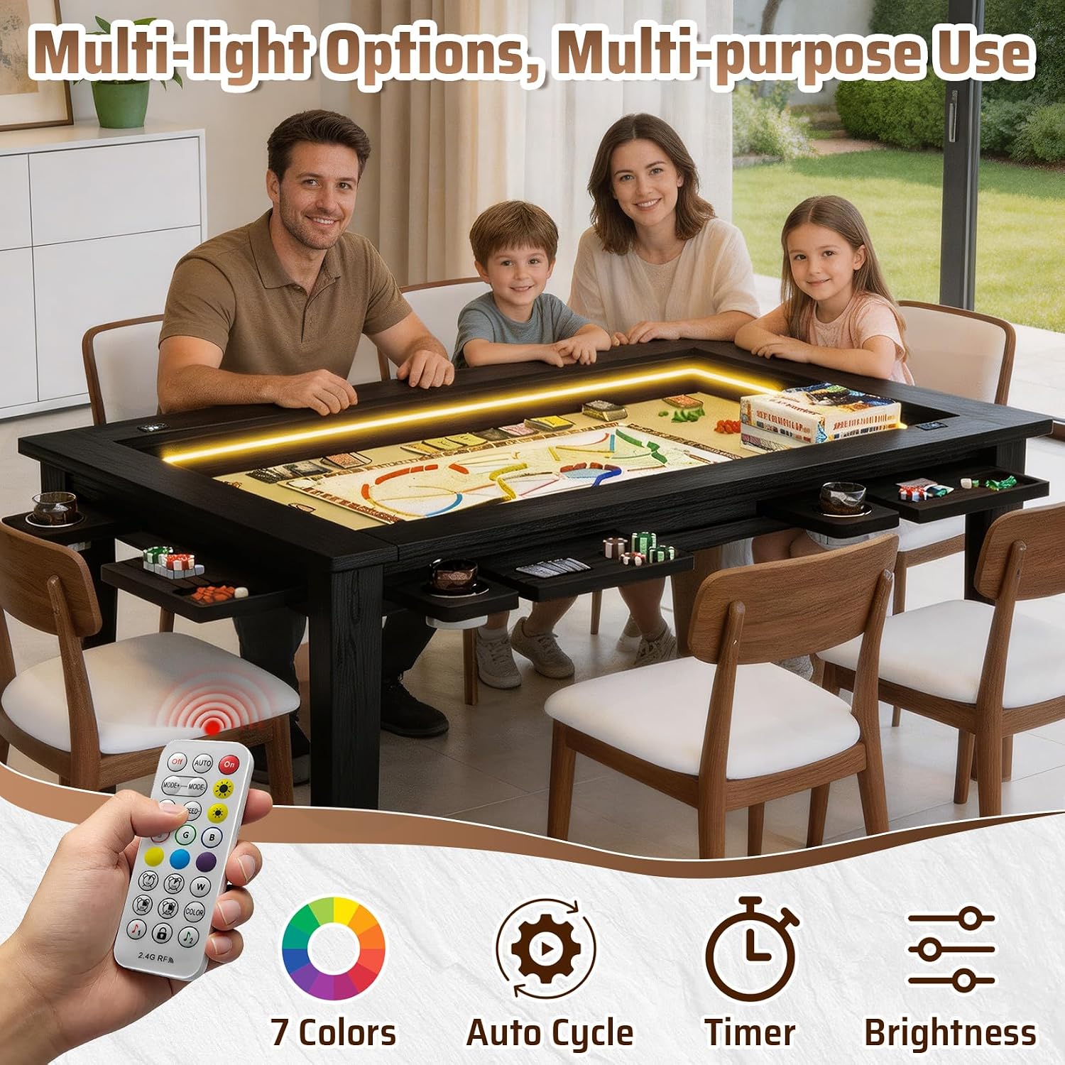 Haddockway Board Game Table with Adjustable Led Lights, 53.7in x 30.7in Play Area Removable Table Top Dining/Gaming Table with Charge Station, Play Mat, 6 Cup Holders & Trays (Black)