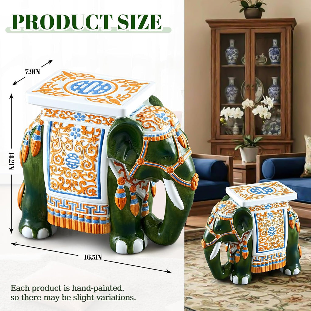Leinuosen Elephant Garden Stool 16.5 Inch - Resin Elephant Side Table & Plant Stand, Indoor Outdoor Decorative Accent Table for Patio Balcony Living Room, Bohemian Home Decor Gift(Green Color)