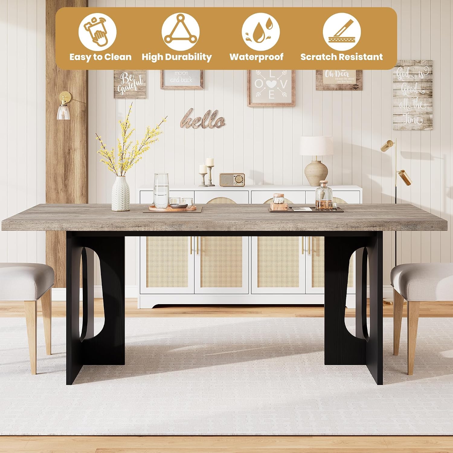 71' Long Dining Table for 6-10 People - Farmhouse Kitchen Table with Extra Thick Tabletop & Heavy-Duty Metal Legs, Sturdy Rectangular Table for Dining Room, Conference Room, Office, Grey + Black