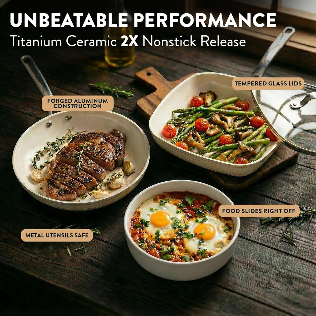 GOTHAM STEEL Hammered 20Pcs Ceramic Cookware Set Nonstick, Induction Pots and Pans Set Non Stick with Deep Fry Pan, Steamer, and Bakeware, Non Toxic PFOA PFOS Free, Oven & Dishwasher Safe