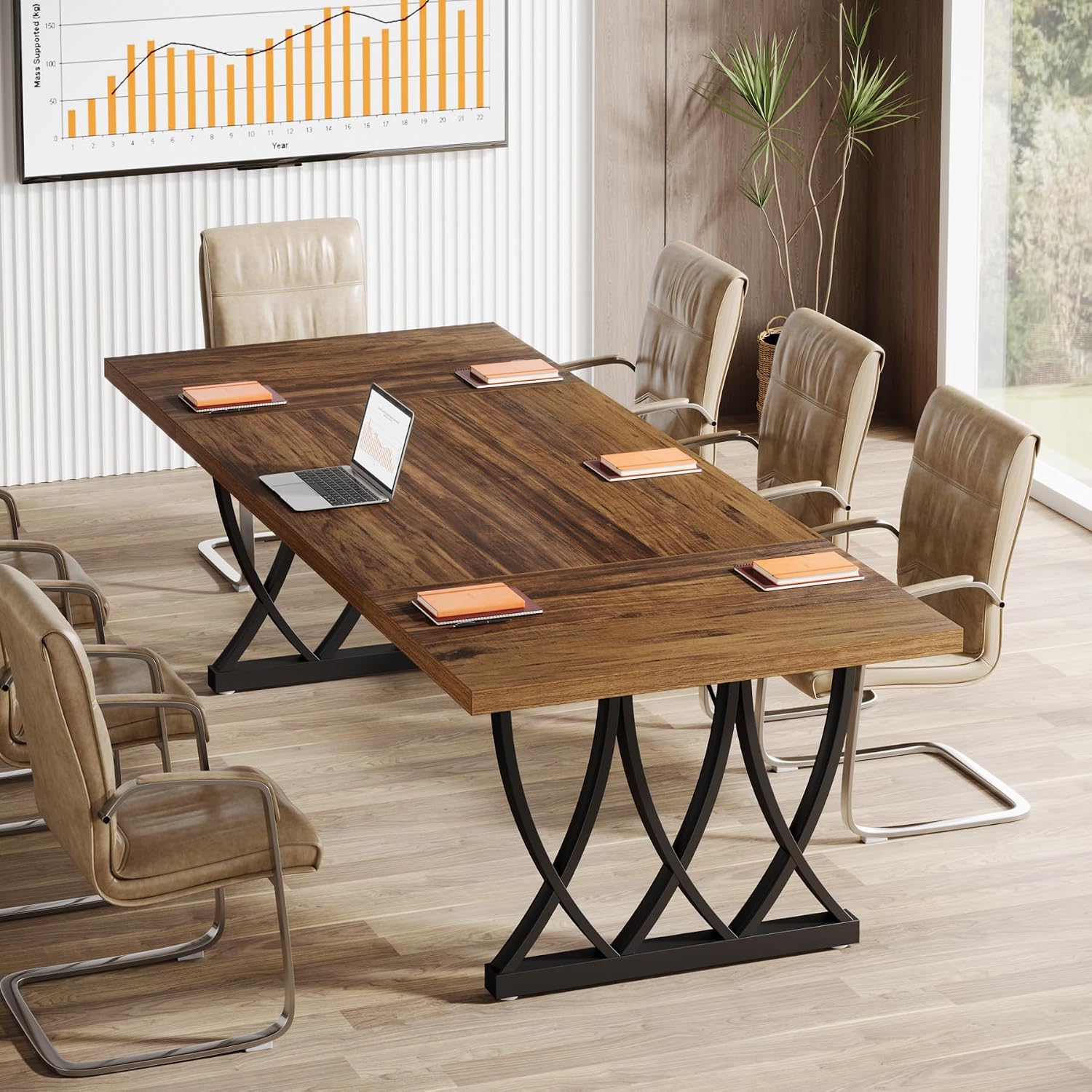 Tribesigns 6 ft Conference Table for 6-8 People, 70.86-Inch Rectangle Meeting Seminar Table with Unique Curved Metal Support for Home Office (Without Chair, Retro Brown & Black) (1)