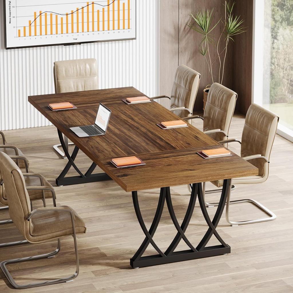 Tribesigns 6 ft Conference Table for 6-8 People, 70.86-Inch Rectangle Meeting Seminar Table with Unique Curved Metal Support for Home Office, (Without Chair, Retro Brown & Black) (2)