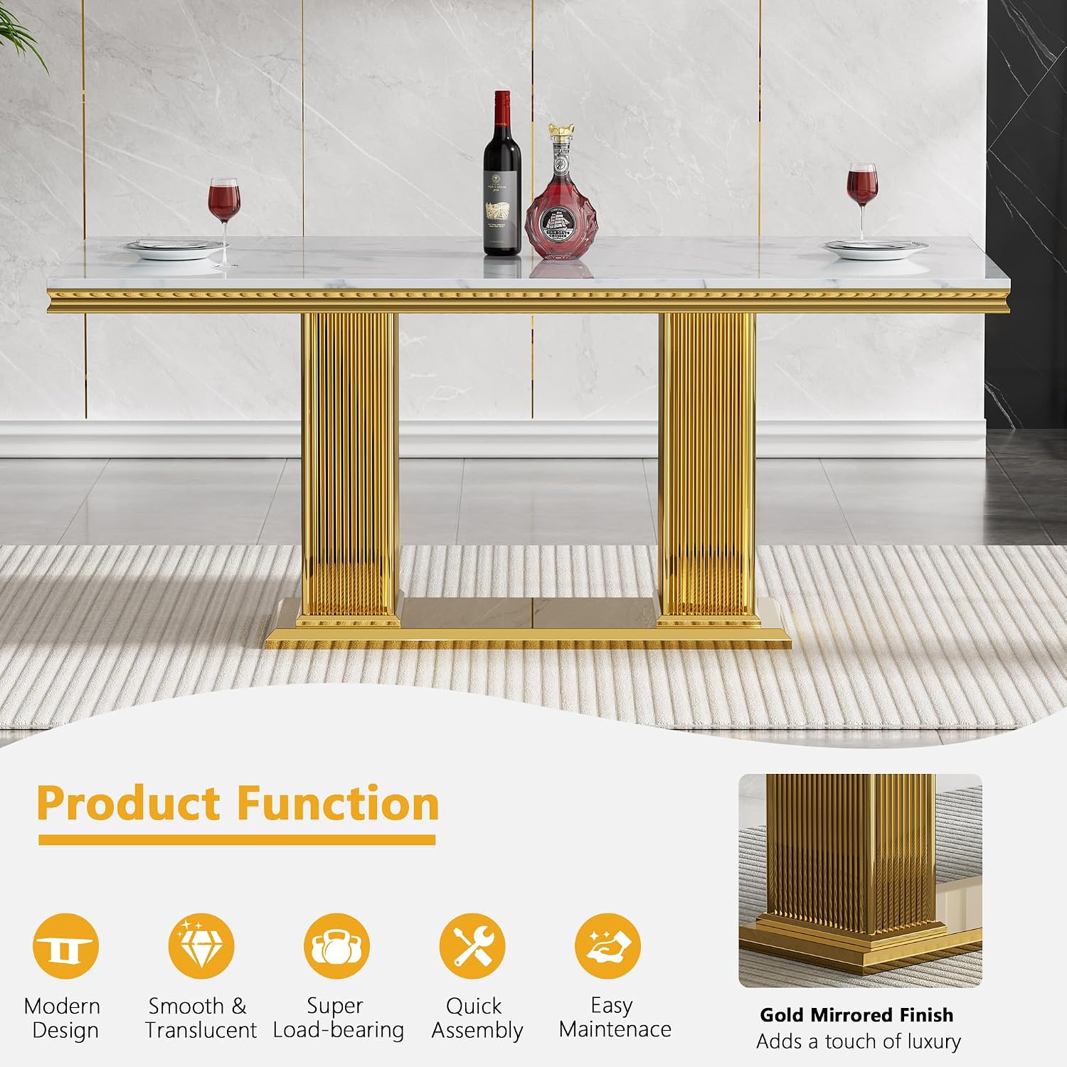 68' White Marble Dining Table for 6 to 8, Luxury Large Rectangular Faux Marble Tabletop & Gold Double Pedestal Base, Mid Century Modern Kitchen Dining Room Table for Dinner Family Gathering